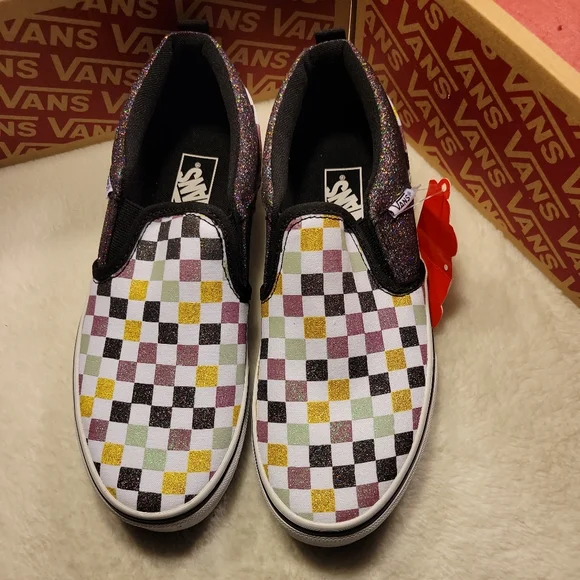 NEW Vans Asher Glitter Checkerboard Slip-On Low Top Sneakers Missy Girls Size 4 - Picture 1 of 9